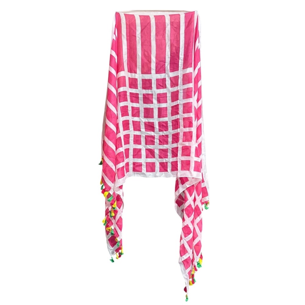 Michael Stars Pink Mod Check Scarf Tassel Trim Viscose Wrap MS20691 NEW